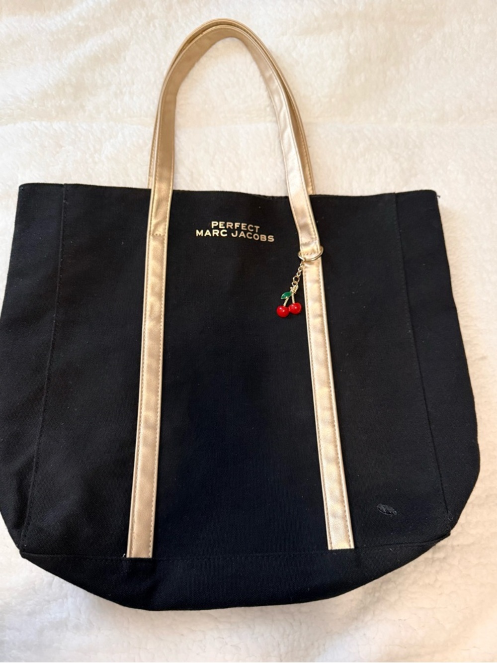 Marc Jacobs Black Canvas Tote with Gold Handles and Cherry Charm